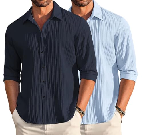Image of DEELMO Combo of Men's Casual Button Down Shirts Long Sleeve Linen Shirt Fashion Textured Summer Shirts Pack of 2