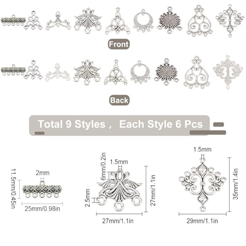 SUNNYCLUE 1 Box 54Pcs 9 Style Chandelier Connector Charms Component Links Alloy Hollow Filigree Pendants Flat Round Teardrop Triangle Shape for Jewellery Making Earring Supplies,Antique Silver - Image 2