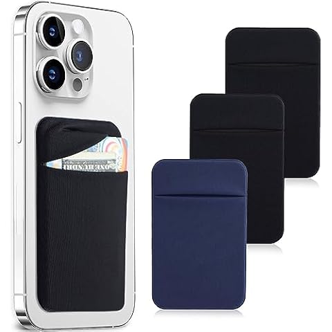 Fulgamo 3Pack Cell Phone Card Holder Pocket for Back of Phone,Stretchy Stick on Wallet Credit Card ID Case Pouch Sleeve Self Adhesive Sticker with Flap for iPhone Samsung Galaxy-2Black+1Navy Blue Cover