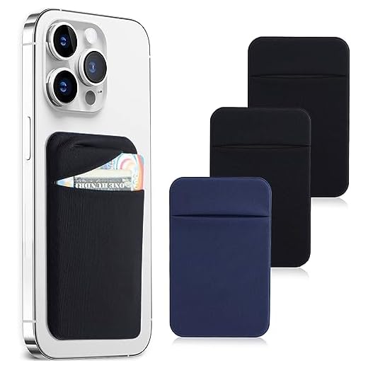 Fulgamo 3Pack Cell Phone Card Holder Pocket for Back of Phone,Stretchy Stick on Wallet Credit Card ID Case Pouch Sleeve Self Adhesive Sticker with Flap for iPhone Samsung Galaxy-2Black+1Navy Blue