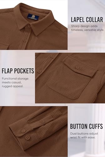 Herberton Mens Regular Fit Heavyweight Button Shirt Retro Vintage Jacket Flap Pockets 2 Pockets Button Chest Pocket Collar Winter Shacket Brown M