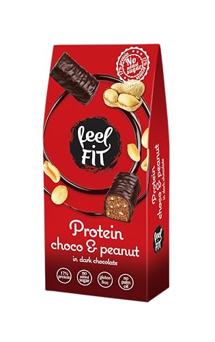 Feel FIT Protein Choco & Peanut, pralines protéinées au chocolat noir belge sans sucre, friandises protéinées sans sucre, 17% de protéines, snacks sans gluten (4 x...