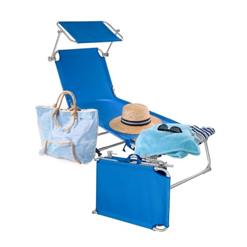 Avilia - Sdraio da Giardino 188x55cm con Parasole Orientabile, Schienale Regolabile, Tessuto Traspirante per Esterni, Ideale per Mare, Facile da Piegare e Trasportare Blu