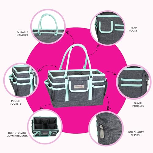 Image of Everything Mary Deluxe Store & Tote Organizer - Heather & Teal Craft Bag with Handle - Collapsible Storage for Scrapbooking, Sewing, Art Tools & DIY Supplies