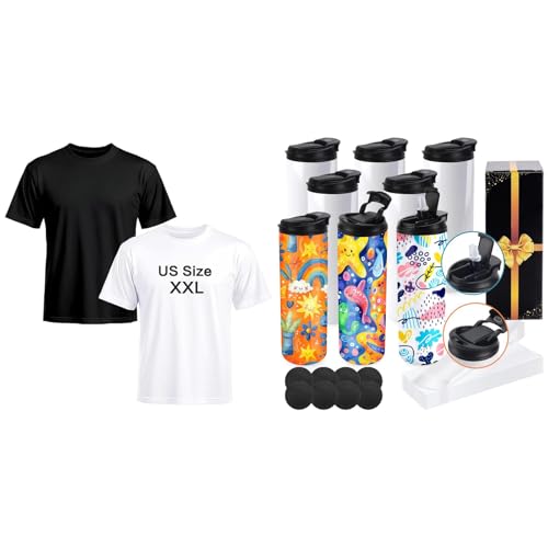 Joyclub Bundle of 2 Pack Black White Adult Unisex Polyester T Shirts and 8 Pack Sublimation Water Bottle Blanks Dual Opening 20 oz