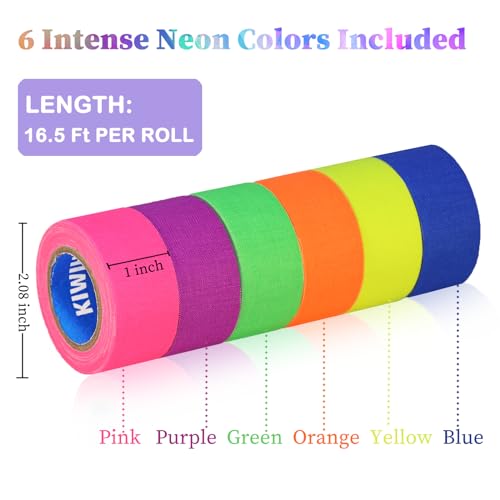 Image of UV Blacklight Reactive Fluorescent Cloth /Neon Gaffer Tape, Super Bright Spike Tape for Glow Party Supplies, 1 inch x 16.5 feet - 6 Colors