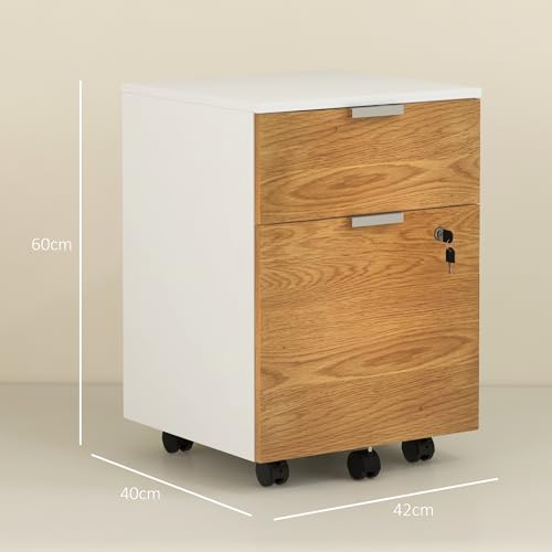 HOMCOM Cajonera de Oficina con Ruedas Mueble Archivador con 2 Cajones Barra Colgante para Carpetas A4 y Carta Cerradura en Cajón Inferior 42x40x60 cm Blanco y Natural - imagen 3