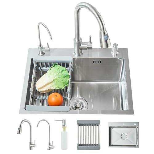 TVTIUO Fregadero de Cocina de Acero Inoxidable con Grifo Extraíble, Dispensador de Agua Pura y Jabón Líquido, Fregadero de Cocina de Acero Inoxidable Cepillado (55 cm × 45 cm)