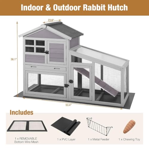 GUTINNEEN Rabbit Hutch for Outdoor Indoor Use, Bunny Cage with PVC Layer and Bottom Wire Netting, Wooden Chicken Coop Rabbit House with UV Roof, Leakproof Tray, Run - Image 3