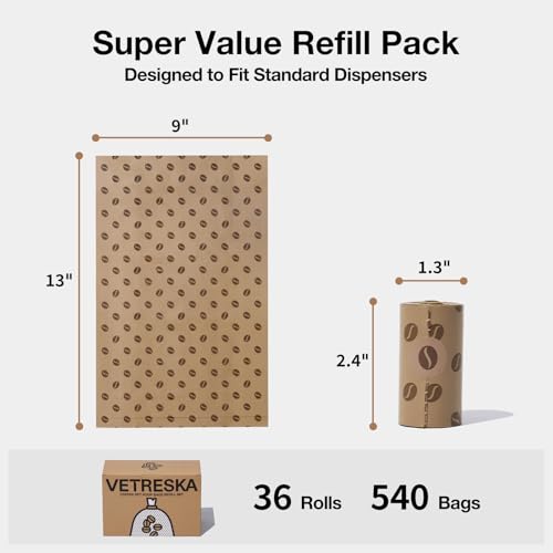 Image of VETRESKA Dog Poop Bags, 540 Count Coffee Scented Waste Bags | Leak Proof, Extra Thick, 9 inch x 13 inch Large Dog Pet Bags for Dogs and Cats - (36 Rolls)