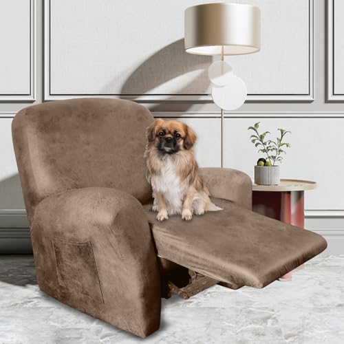Image of ANARACHON Leather Like Recliner Chair Covers Stay in Place, 4 Pieces Recliner Cover for Recliner Chair, Leather Cover for Recliner slipcovers Washable for Pets (Light Brown)