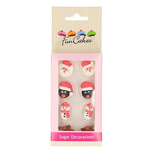 FunCakes Decoraciones de Azúcar Navidad Listo Para ser Usar en la Decoración de Tartas, Perfecto para Cupcakes Temáticas y más, Certificado Sin Gluten, Set/8