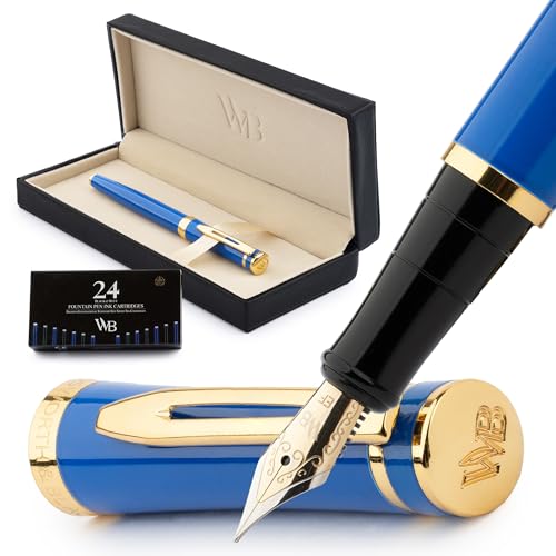 Image of Wordsworth & Black Fountain Pen Set for Writing, Extra Fine Nib, Blue | Gift for Men & Women, Brass Body, 18K German Iridium, Calligraphy, Converter + 24 Ink Cartridges, Refillable, Leak-Free