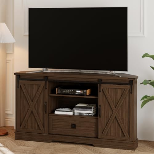 Melidee Corner TV Stand for 65 Inch TV - with Sliding Barn Door - Wood Entertainment Center - Media...