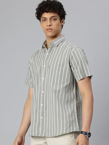 Image of Majestic Man Men's Pure Cotton Striped Half Sleeve Slim Fit Casual Shirt for Men
