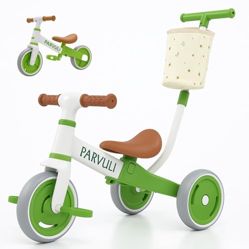 PARVULI Triciclo Evolutivo 3 en 1 para Niños de 3 a 8 Años – Triciclo con Empuje, Independiente y Bicicleta de Equilibrio – Ajustable, Ligero y Resistente hasta 30 kg (Verde)
