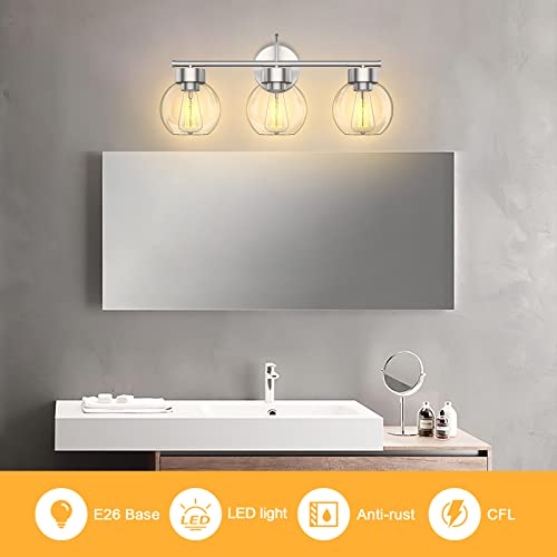 Image of EAPUDUN 3 Light Bathroom Vanity Light, Brushed Nickel Bathroom Light Fixtures with Clear Glass Shade Wall Sconce, Porch Wall Lamp for Mirror, WLA1435-BNK