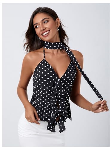 MakeMeChic Women's Polka Dots Halter Top Ruffle Backless Going Out Top with Scarf4