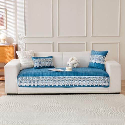Image of HOKIPO 'BelleLace Series' Imperial Milk Velvet Sofa Cover Mat for 1 Seater Sofa, Lace Design, Celadon Blue (AR-5962-BL*1)