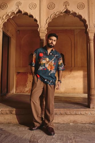 Image of SNITCH x BISMIL Men Casual Shirt | Relaxed Fit Half Sleeve Cuban Collar Artistic Printed Design | 100% Viscose & Breathable Fabric for Vacations & Everyday Wear