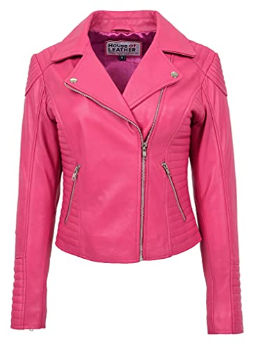 Veste de motard en cuir véritable pour femme avec fermeture éclair croisée Style Anna à coupe ajustée, rose, 48