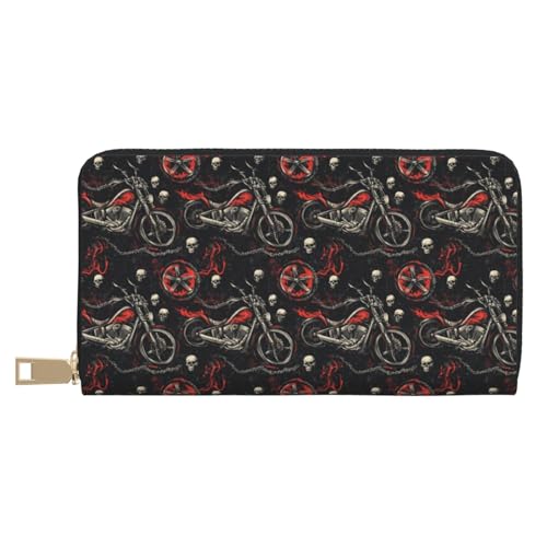 Skull Motorcycle Cool Print Wallet Women Men, Long PU Leather Wallets for Women, Cute Womens Travel Wallet Purse Pouch with Zipper Pocket