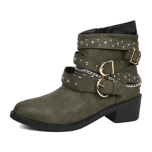 DirraBra Women's Goth Leather Block Heel Ankle Boots Fashion Studded Ankle Strap Trim Punk Boots Winter Side Zipper Motorcycle Short Booties