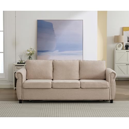 Image of Modern 3 Seat Sofa Couches with Pull Out Queen Memory Mattress Sleeper Bed, 2-in-1 Convertible 3 Seater Sofa Couch W /Rivet Decor and Scroll Armrests for Home Apartment