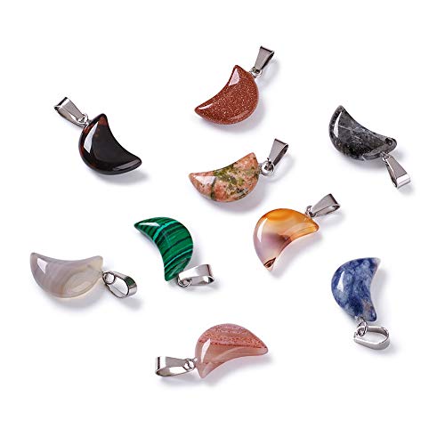 FASHEWELRY 50Pcs Crescent Moon Shaped Mixed Stone Pendants Healing Crystal Quartz Chakra Reiki Gemstone Charms for Necklace Jewelry Making Hole: 2x7mm
