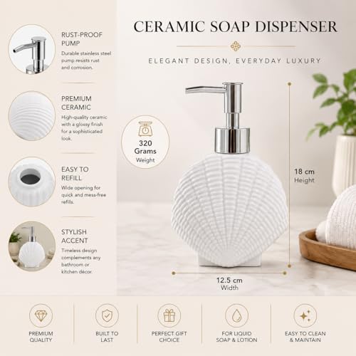 Image of Whizzo Ceramic Shell Shaped Liquid Soap Dispenser with Chrome Pump | Elegant Bathroom & Kitchen Accessory | White Glossy Finish | Refillable Handwash Lotion Bottle (420ML, LD-212, Design2)