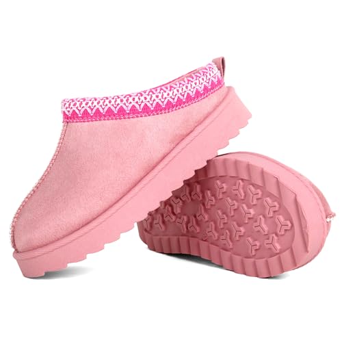 Kids Cosy Faux Suede Mule Slippers Slip-On House Shoes for Boys and Girls with Embroidered Trim & Anti-Slip Sole (PINK One Size Little Kid 11 Numeric UK Footwear Size System Medium)