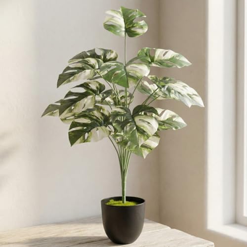 Image of Dekorly Artificial Palm Tree - Large Fake Tropical Floor Plant, Realistic Plastic Greenery for Indoor Home, Office, Living Room & Corner Decor (Variegated Monstera)