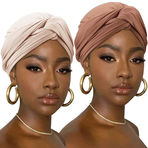Image of DRESHOW African Turban for Women Knotted Hairwraps for Sleeping Headwraps Ribbed Turban Stretch Jersey Head Scarf for Black Women Chemo Cancer Cap