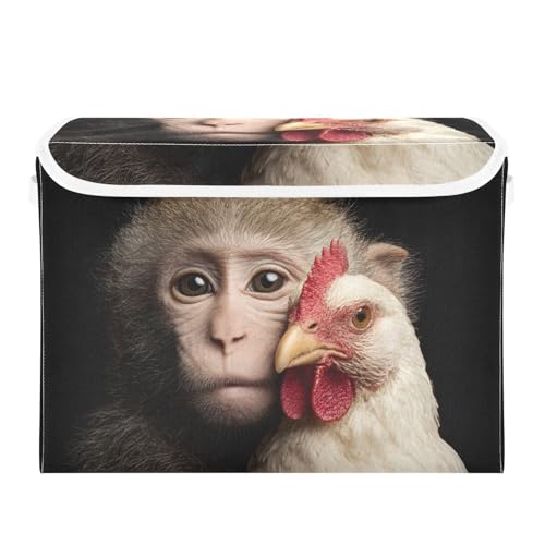 FOLIOSA Monkey Rooster Print Storage Basket Bins with Lid, Foldable Flip-top with Handle for Home Office 16.5×12.6×11.8 in 1 Pack