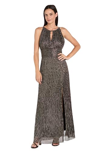 Image of R&M Richards Women's Metallic Crinkle Halter Maxi Gown W /Keyhole, Slit & Shirred Waist
