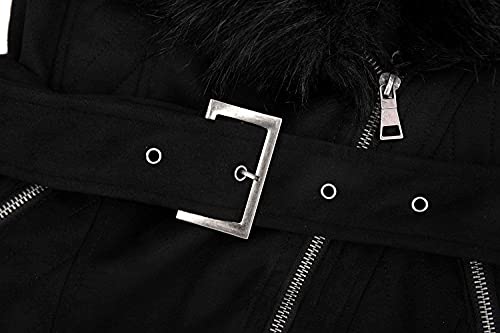 Geschallino Lange Jacke aus Wildlederimitat für Damen, Moto Biker Parka Mantel mit abnehmbarem Pelzkragen FF206 Schwarz XXL