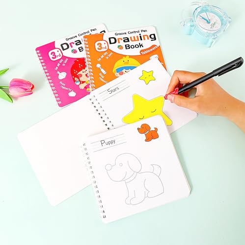 Image of VGRASSP 4 Pcs Educational Magic Drawing Tracing Book Toy for Kids - Reusable Art & Crafts Practice Workbook with Pen and 5 Refills - Grooved Doodle Book - Color and Design As Per Stock