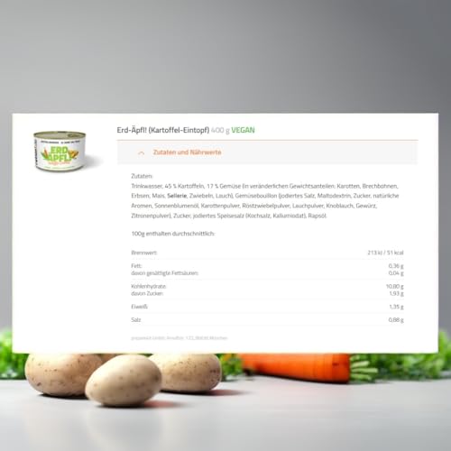 ration1 Kartoffel-Eintopf 1x 400g, lange haltbare Fertiggerichte, vegan glutenfrei & laktosefrei, Notfallnahrung 10 Jahre haltbar, Langzeit Lebensmittel, Outdoor Nahrung, Festival, Camping Essen – Bild 3