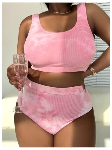MakeMeChic Women's Plus Size 2 Piece Bikini Sets Textured Tie Dye High Waist Summer Swimsuit Bathing Suit4