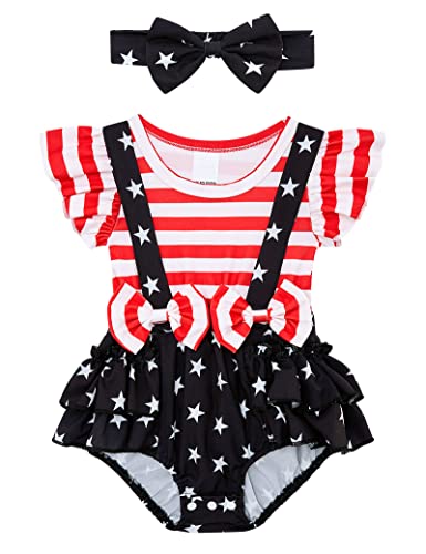 Image of Fourth of July Baby Girl Outfit Unique Cute Suspender Infant Bodysuit Star Stripe Flag Romper Short Sleeves Baby Clothes Independence Day Bodysuit 6-12 Months