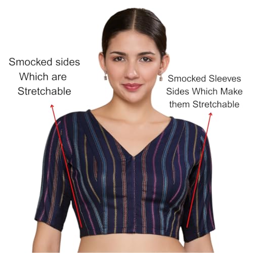 Image of Studio Shringaar Women's Cotton Handloom Stripes Stretchable (Smocked) Readymade Saree Blouse