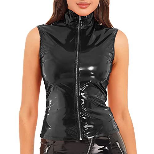 easyforever Women's Sexy Shiny Latex Zipper Sleeveless Vest Tops Slim Fitted Tank Blouse Clubwear