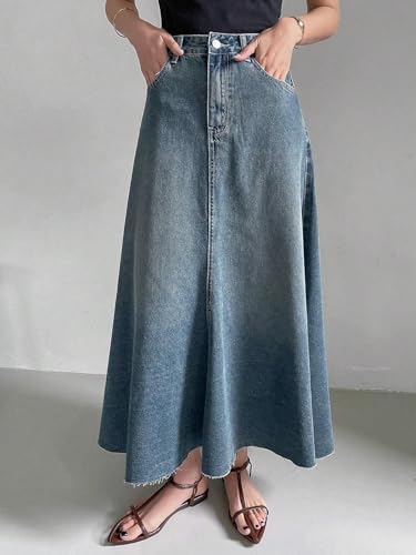 Image of GRECIILOOKS Women's High Waist White Denim Skirt with Front Slit - Long Maxi Jean Skirt Casual Fashion - Stylish Denim Skirts for Women