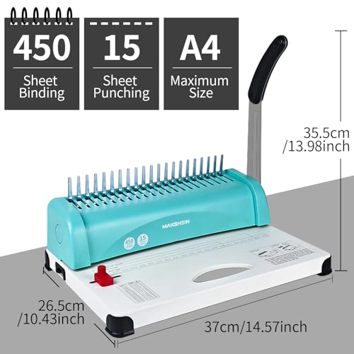 MakShein 21-Hole Comb Binding Machine, 15 Sheets Punch Capacity, 450 Sheets Binding, Compatible with A4, A5 & Letter Paper, Comes with 100pcs 1/4" Binding Spines for Home and Office - Image 2