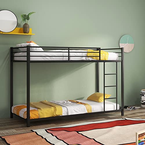 KOMFOTT-Metal-Low-Bunk-Bed-Twin-Over-Twin-Heavy-Duty-Bunk-Bed-Frame-with-Ladder-Full-Length-Guardrails-Metal-Slatted-Floor-Bed-Frame-for-Teens-Adults-No-Box-Spring-Needed-Black