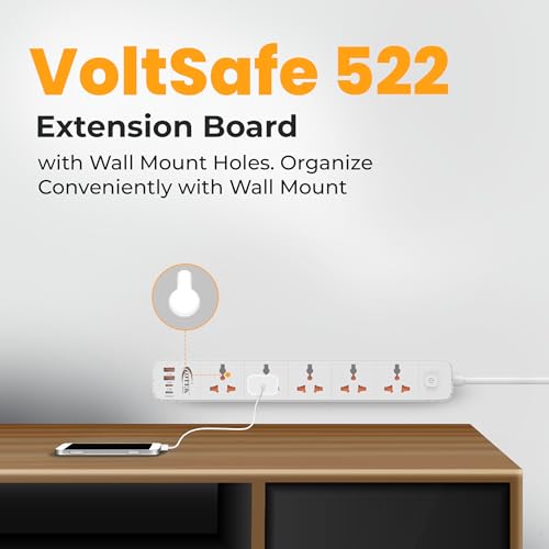 Image of OTEK Extension Board 5 Universal Sockets 3 USB Type A 1 Type C Port 2 Meter Cord 2500W 10A Surge Protector Fire Resistant ABS Body White for Home Office