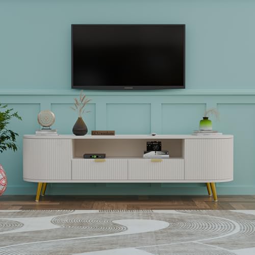 Image of 60L x 16W x 22H Inches Solid Wood TV Unit for Living Room | Modern TV Stand for 55-65 Inch TV | Free Standing Entertainment Cabinet with 2 Drawers (White)
