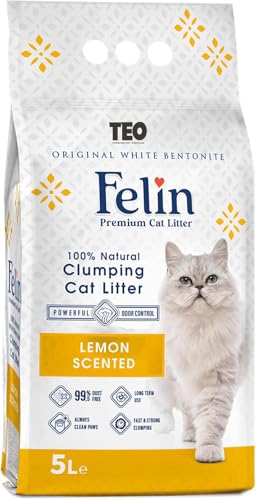 Teo Premium Pet Supplies Felin Cat Litter Clumping 100% Natural Bentonite Clumping 99.5% Dust Free Forever Fresh Pet-Friendly Fighting with Odors Lemon Scented (5 L)