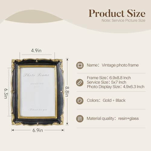Vintage Picture Frame 5x7 Black and Gold Frame, Ornate Textured Hand-Crafted Resin Photo Frames with Glass Front, Decorative Picture Frame for Wall & Tabletop, Antique Frame Home Decor