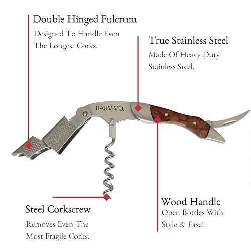Barvivo Professional Waiters Corkscrew - Stainless Steel and Bai Ying Wine Opener and Bottle Opener with Double-Hinged Fulcrum - Durable Cork Screws for Wine Bottles with Foil Cutter - 11.9x1.5x3 cm